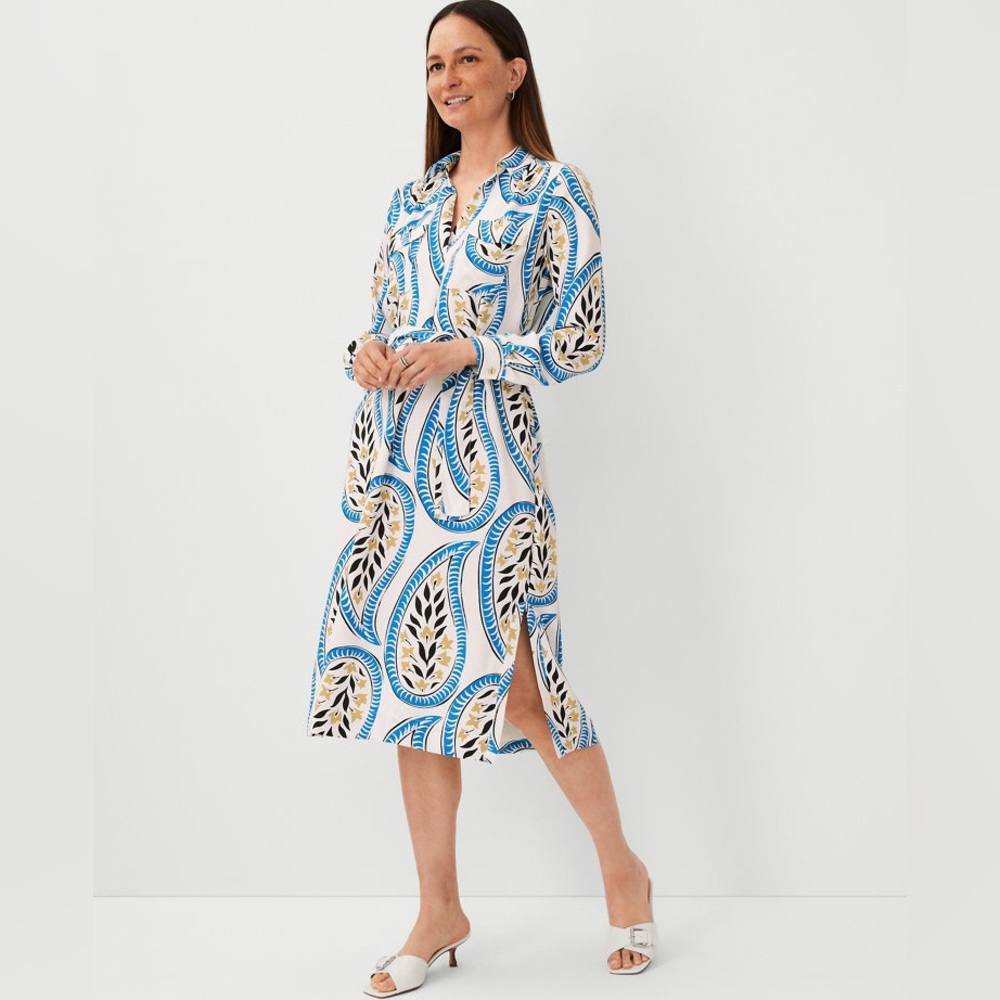 Ann Taylor Paisley Midi Pocket Shirtdress White Women's NWT size XS